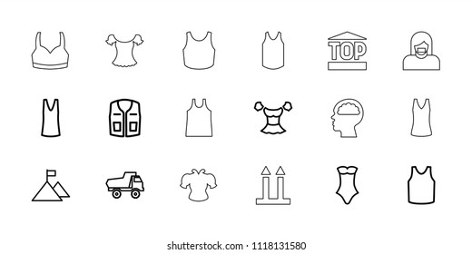 Top icon. collection of 18 top outline icons such as toy car, singlet, swimsuit, blouse, sleeveless shirt, flag on mountain, sport bra. editable top icons for web and mobile.