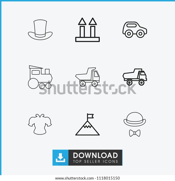 Top icon.\
collection of 9 top outline icons such as toy car, cargo arrow up,\
flag on mountain, train toy, blouse, hat and moustache. editable\
top icons for web and\
mobile.