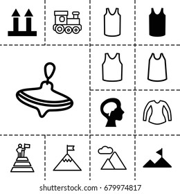 Top icon. set of 13 filled and outline top icons such as singlet, cargo arrow up, human brain, mountain, whirligig, train toy, blouse, man at the top of the mountain with flag