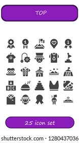  top icon set. 25 filled top icons. Simple modern icons about  - Quality, Achievement, Favorite, Shirt, Toy, Gentleman, Goal, Top hat, Tshirt, Circus, Mountains, Salver, Tank top