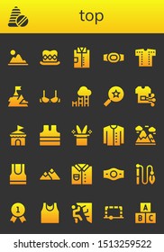 top icon set. 26 filled top icons.  Simple modern icons about  - Mountain, Toys, Top hat, Shirt, Champion belt, Goal, Brassiere, Favorites, Circus, Sleeveless shirt, Magic hat