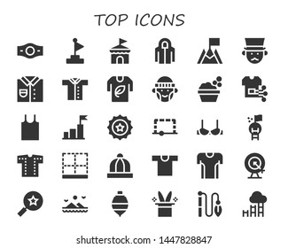 top icon set. 30 filled top icons.  Collection Of - Champion belt, Goal, Circus, Hoodie, Gentleman, Shirt, Tshirt, Hipster, Washbowl, Tank top, Beer cap, Brassiere, Bottom, Baby hat