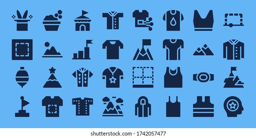 top icon set. 32 filled top icons. Included Magic hat, Marquee, Spinning top, Goal, Washbowl, Mountain, Peak, Shirt, Circus, Tshirt, Mountains, Bottom, Hoodie, Sport shirt icons