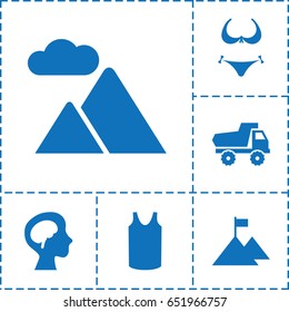 Top icon. set of 6 top filled icons such as toy car, bikini, singlet, human brain, mountain