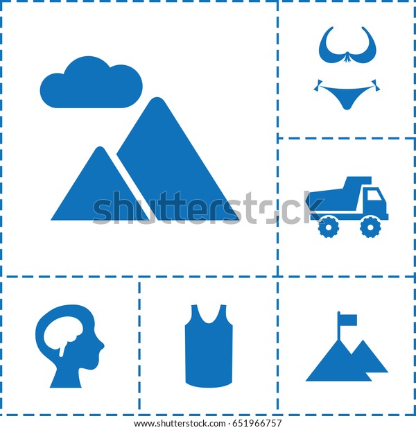 Top icon. set of 6 top filled icons\
such as toy car, bikini, singlet, human brain,\
mountain