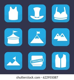 Top icon. set of 9 filled top icons such as sport bra, singlet, sleeveless shirt, censored, hat, mountain, flag on mountain
