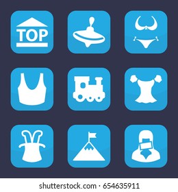 Top icon. set of 9 filled top icons such as whirligig, train toy, bikini, sport bra, blouse, top of cargo box, censored woman, flag on mountain