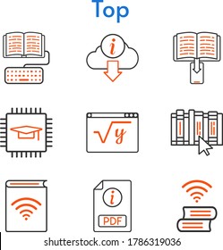 conjunto de iconos superior. chip incluido, audiobook, ebook, pdf, tarea, matemáticas, libro, iconos de información. estilos bicolores.