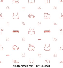 top icons pattern seamless white background. Included editable line toy car, blouse, sleeveless shirt, sport bra, censored, train toy, circus icons. top icons for web and mobile.