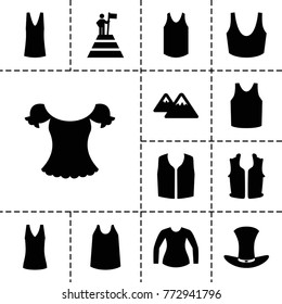 Top icons. set of 13 editable filled top icons such as sport bra, singlet, sleeveless shirt, hat, mountain, man at the top of the mountain with flag