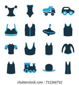 Top icons set. set of 16 top bi-color icons such as whirligig, toy car, train toy, hat, sport bra, singlet, blouse, swimsuit