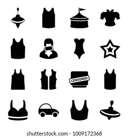 Top icons. set of 16 editable filled top icons such as whirligig, sport bra, singlet, circus, censored woman, censored, toy car, star, blouse, swimsuit