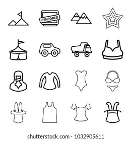 Top icons. set of 16 editable outline top icons such as toy car, sport bra, blouse, magic hat, circus, censored woman, censored, mountain, bikini, star, singlet