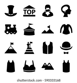 top icons set. Set of 16 top filled icons such as train toy, sport bra, singlet, blouse, sleeveless shirt, censored woman, human brain, hat and moustache, hat, mountain