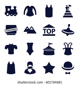 top icons set. Set of 16 top filled icons such as whirligig, train toy, Star, singlet, blouse, swimsuit, censored woman, censored, hat and moustache, mountain, magic hat