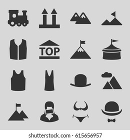 Top icons set. set of 16 top filled icons such as train toy, hat, bikini, singlet, sleeveless shirt, cargo arrow up, top of cargo box, censored woman, hat and moustache