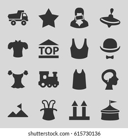 Top icons set. set of 16 top filled icons such as whirligig, train toy, toy car, Star, sport bra, singlet, blouse, cargo arrow up, top of cargo box, censored woman
