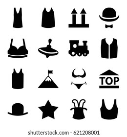 Top icons set. set of 16 top filled icons such as whirligig, train toy, hat, bikini, Star, sport bra, singlet, sleeveless shirt, cargo arrow up, top of cargo box