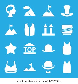 Top icons set. set of 16 top filled icons such as hat, star, sport bra, singlet, sleeveless shirt, cargo arrow up, top of cargo box, censored, human brain, hat and moustache