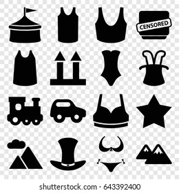 Top icons set. set of 16 top filled icons such as toy car, train toy, bikini, star, sport bra, singlet, swimsuit, cargo arrow up, censored, hat, mountain, magic hat