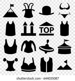 Top icons set. set of 16 top filled icons such as whirligig, hat, bikini, sport bra, singlet, blouse, sleeveless shirt, cargo arrow up, top of cargo box, mountain