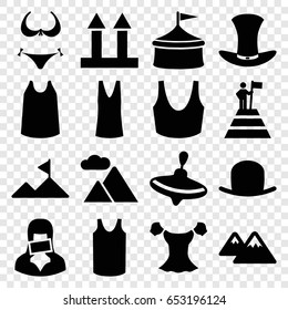 Top icons set. set of 16 top filled icons such as whirligig, hat, bikini, sport bra, singlet, blouse, cargo arrow up, censored woman, mountain