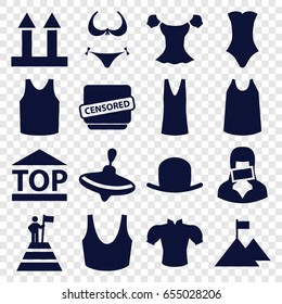 Top icons set. set of 16 top filled icons such as whirligig, hat, bikini, sport bra, singlet, blouse, swimsuit, cargo arrow up, censored woman, censored