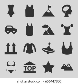 Top icons set. set of 16 top filled icons such as whirligig, toy car, bikini, star, sport bra, singlet, blouse, swimsuit, cargo arrow up, top of cargo box, human brain