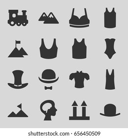 Top icons set. set of 16 top filled icons such as train toy, hat, sport bra, singlet, blouse, swimsuit, cargo arrow up, human brain, hat and moustache, mountain