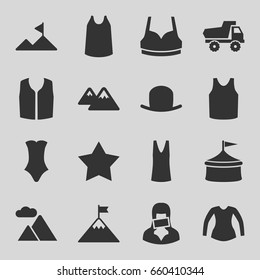 Top icons set. set of 16 top filled icons such as toy car, hat, star, sport bra, singlet, blouse, swimsuit, sleeveless shirt, censored woman, mountain, flag on mountain