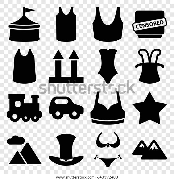 Top icons set. set of\
16 top filled icons such as toy car, train toy, bikini, star, sport\
bra, singlet, swimsuit, cargo arrow up, censored, hat, mountain,\
magic hat