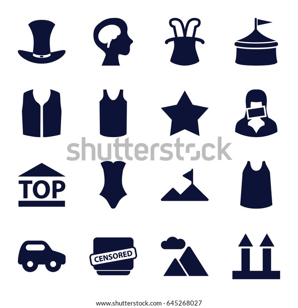 Top icons set.\
set of 16 top filled icons such as toy car, star, singlet,\
swimsuit, sleeveless shirt, cargo arrow up, top of cargo box,\
censored woman, censored, human\
brain