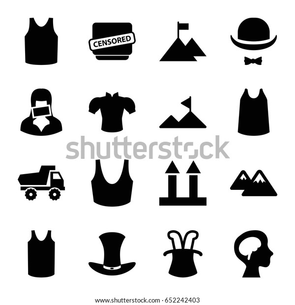 Top icons set.\
set of 16 top filled icons such as toy car, sport bra, singlet,\
blouse, cargo arrow up, censored woman, censored, human brain, hat\
and moustache, hat,\
mountain