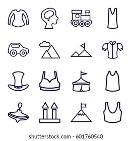 top icons set. Set of 16 top outline icons such as whirligig, toy car, train toy, sport bra, singlet, blouse, cargo arrow up, human brain, hat, mountain, flag on mountain