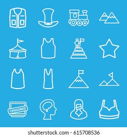 Top icons set. set of 16 top outline icons such as train toy, Star, sport bra, singlet, sleeveless shirt, censored woman, censored, human brain, hat, mountain