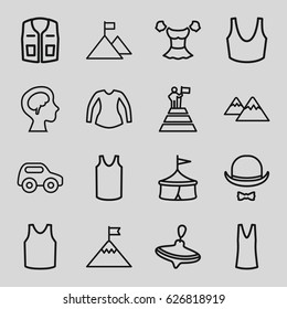 Top icons set. set of 16 top outline icons such as whirligig, toy car, sport bra, singlet, blouse, sleeveless shirt, human brain, hat and moustache, mountain