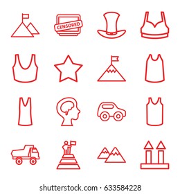 Top icons set. set of 16 top outline icons such as toy car, star, sport bra, singlet, cargo arrow up, censored, human brain, hat, mountain