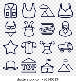 Top icons set. set of 16 top outline icons such as toy car, hat, bikini, star, sport bra, blouse, sleeveless shirt, top of cargo box, censored woman, censored, mountain