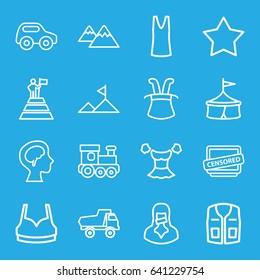 Top icons set. set of 16 top outline icons such as toy car, train toy, star, sport bra, singlet, blouse, sleeveless shirt, censored woman, censored, human brain, mountain