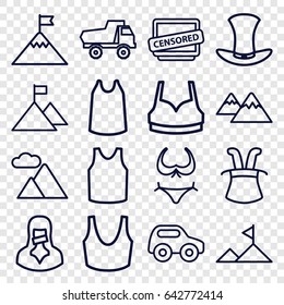 Top icons set. set of 16 top outline icons such as toy car, bikini, sport bra, singlet, censored woman, censored, hat, mountain, flag on mountain