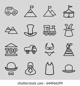 Top icons set. set of 16 top outline icons such as toy car, train toy, hat, bikini, singlet, censored woman, hat and moustache, mountain, flag on mountain, magic hat