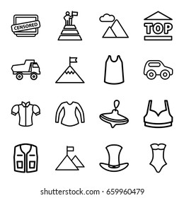 Top icons set. set of 16 top outline icons such as whirligig, toy car, sport bra, singlet, blouse, swimsuit, sleeveless shirt, censored, hat, mountain