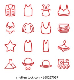 Top icons set. set of 16 top outline icons such as whirligig, train toy, hat, bikini, star, sport bra, singlet, blouse, sleeveless shirt, censored, hat and moustache