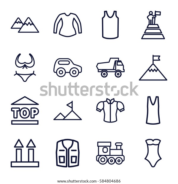 top icons set. Set of 16 top outline icons\
such as toy car, train toy, bikini, singlet, blouse, swimsuit,\
sleeveless shirt, cargo arrow up,\
mountain