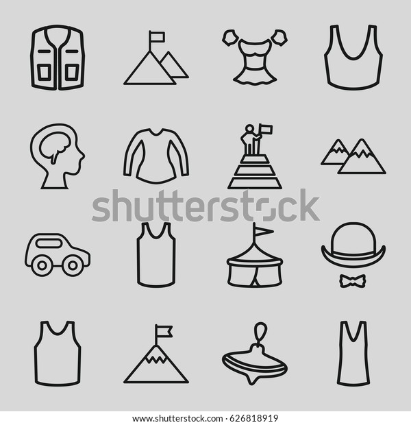 Top icons set. set of 16 top outline\
icons such as whirligig, toy car, sport bra, singlet, blouse,\
sleeveless shirt, human brain, hat and moustache,\
mountain