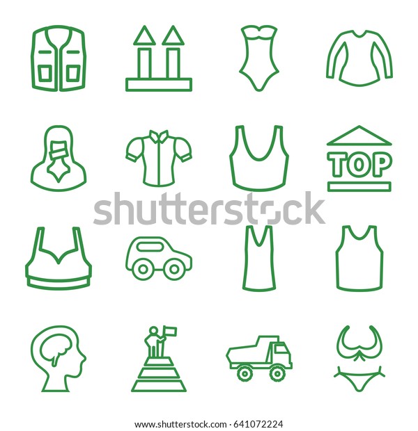Top icons set. set of 16 top outline\
icons such as toy car, bikini, sport bra, singlet, blouse,\
swimsuit, sleeveless shirt, cargo arrow up, censored\
woman