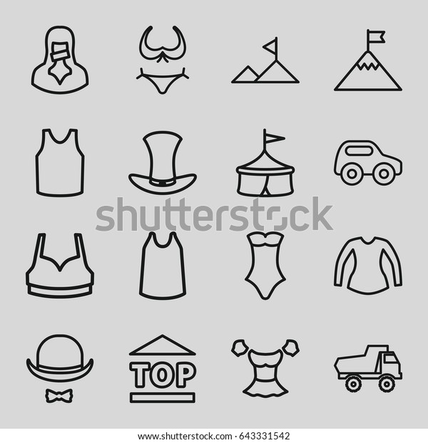 Top icons set.\
set of 16 top outline icons such as toy car, bikini, sport bra,\
singlet, blouse, swimsuit, top of cargo box, censored woman, hat\
and moustache, hat,\
mountain