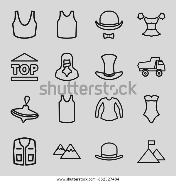 Top icons set. set of 16 top\
outline icons such as whirligig, toy car, hat, sport bra, singlet,\
blouse, swimsuit, sleeveless shirt, top of cargo box, censored\
woman