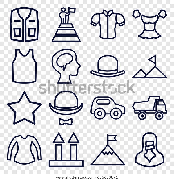 Top icons set. set of 16\
top outline icons such as toy car, hat, star, singlet, blouse,\
sleeveless shirt, cargo arrow up, censored woman, human brain, hat\
and moustache
