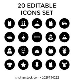 Top icons. set of 20 editable filled top icons such as toy car, bikini, star, singlet, blouse, swimsuit, magic hat, cargo arrow up. best quality top elements in trendy style.